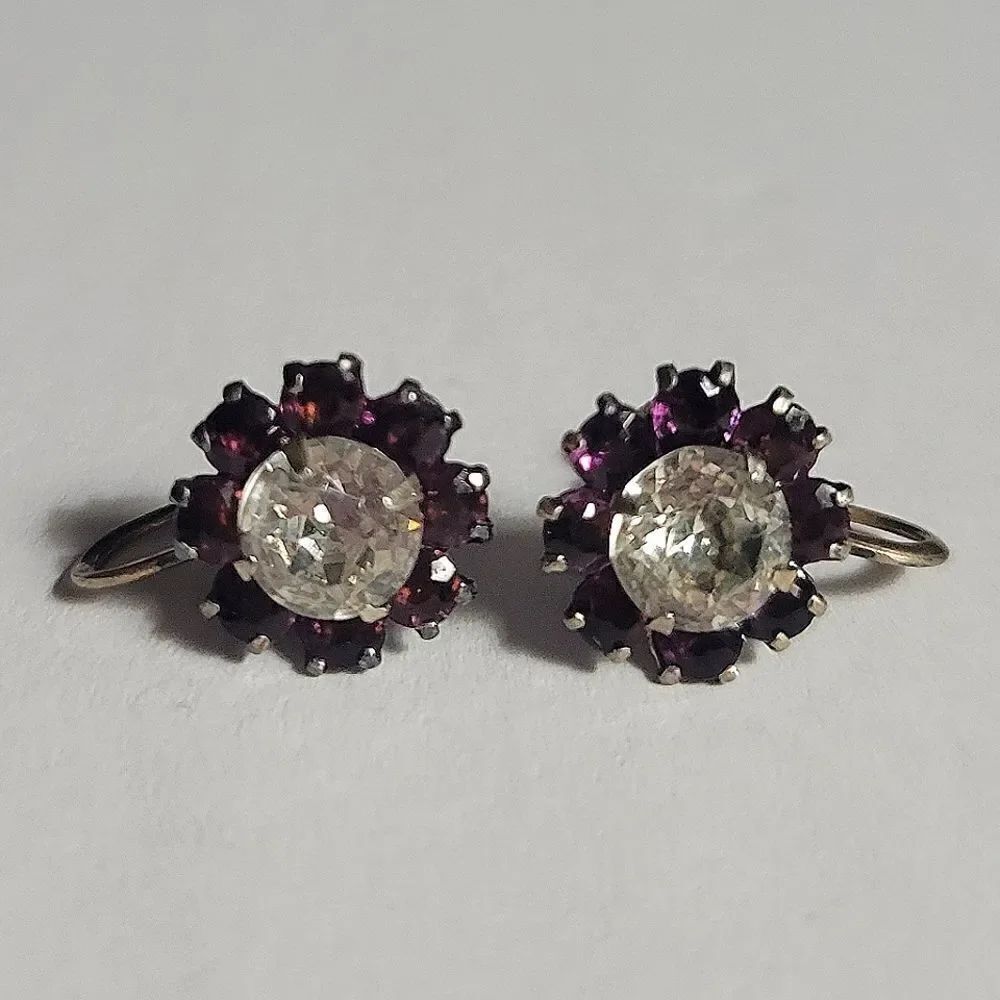 Vintage Round Sterling Purple Rhinestone Screw Back Earrings